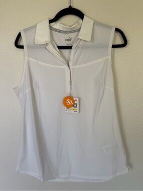 Puma White Sleeveless Mesh-Yoke Zip Tank